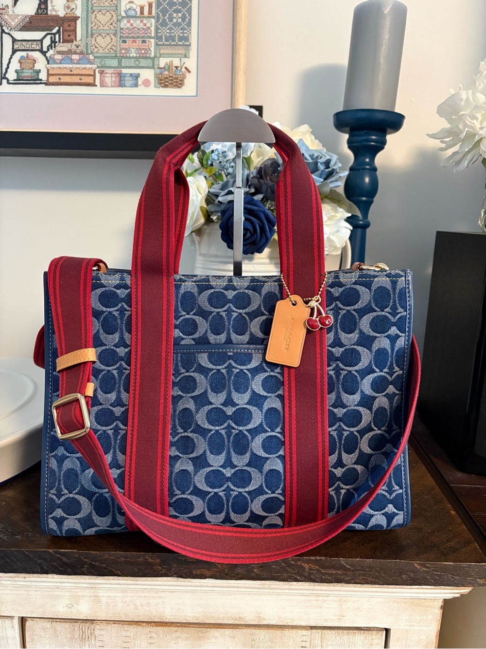 Coach Blue Signature Denim Tote with Red Straps